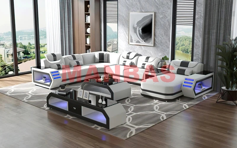 MANBAS Italian Genuine Leather Sectional Sofa with LED Lights | Futuristic Furniture U Shape Couch Living Room Big Sofas Set
