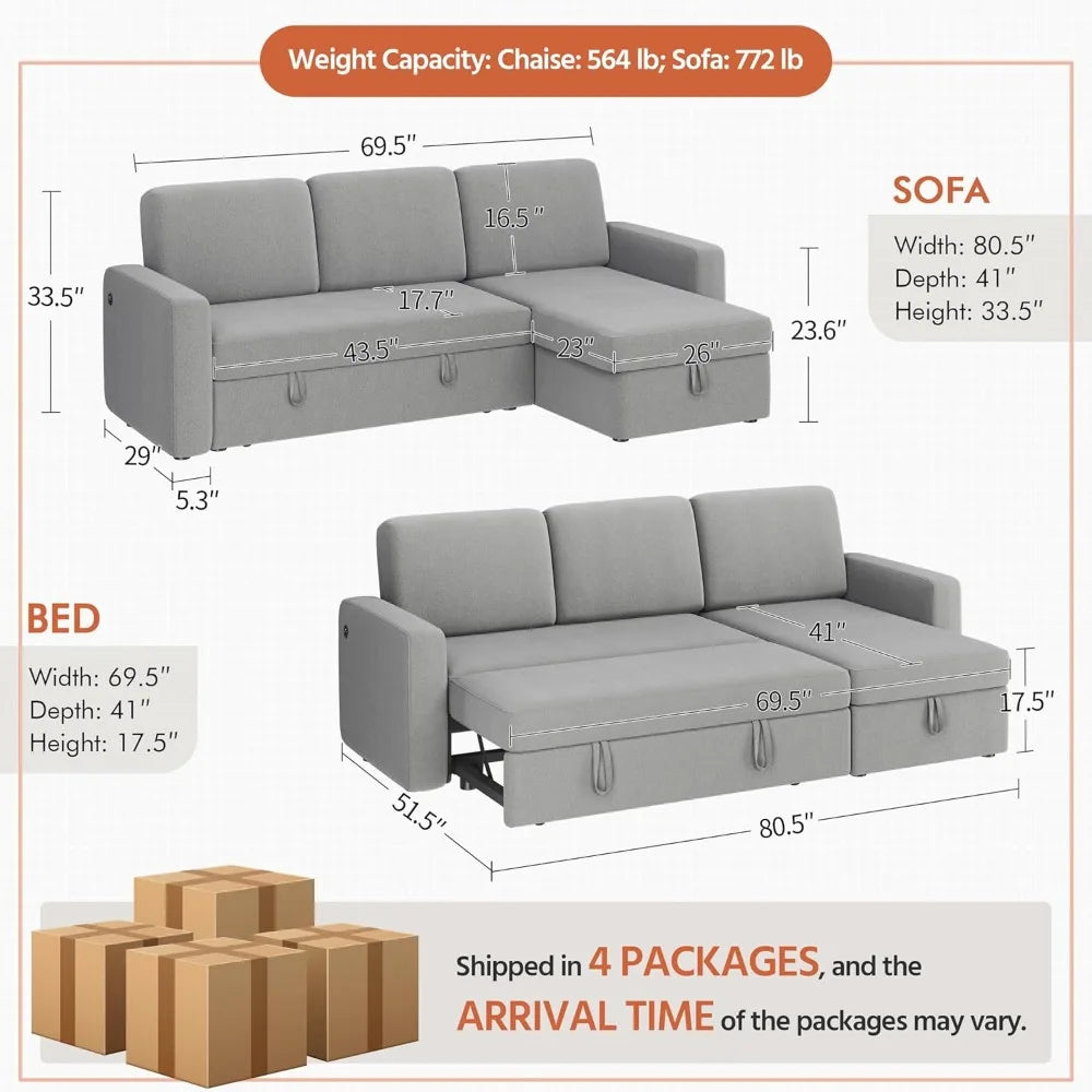 Sectional Sofa L-Shaped Sofa Couch Bed w/Chaise & USB, Reversible Couch Sleeper w/Pull Out Bed & Storage Space, 4-seat Fabric