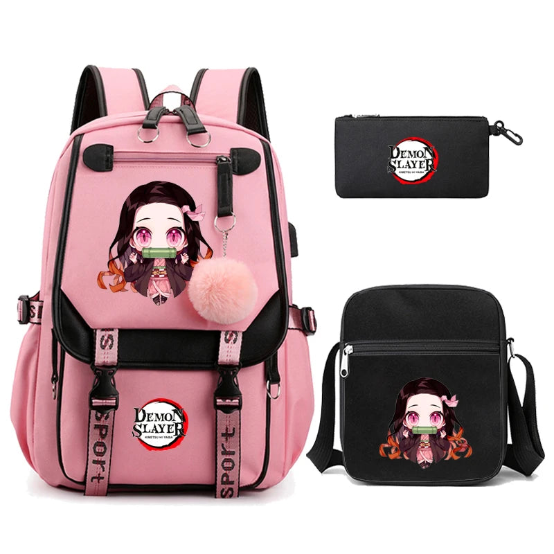 3Pcs Kamado Nezuko Demon Slayer Backpacks Set for Girls Anime School Bag Teenager Student Canvas Laptop Back Pack Women Rucksack