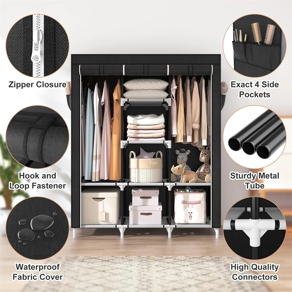 Portable Large Clothes Organizer with 6 Storage Shelves, 2 Hanging Sections 4 Side Pockets