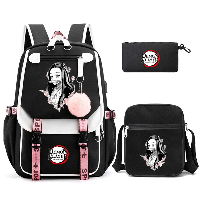 3Pcs Kamado Nezuko Demon Slayer Backpacks Set for Girls Anime School Bag Teenager Student Canvas Laptop Back Pack Women Rucksack