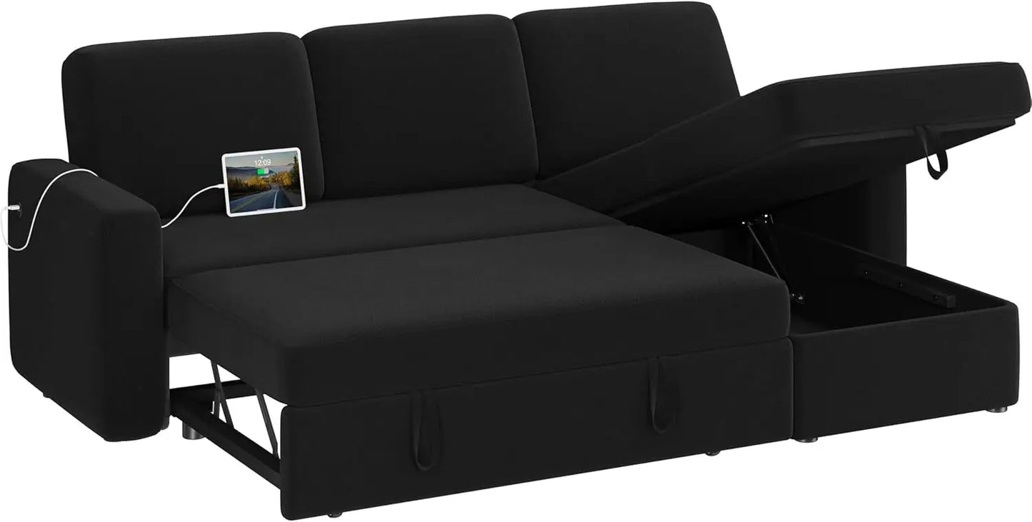 Sectional Sofa L-Shaped Sofa Couch Bed w/Chaise & USB, Reversible Couch Sleeper w/Pull Out Bed & Storage Space, 4-seat Fabric