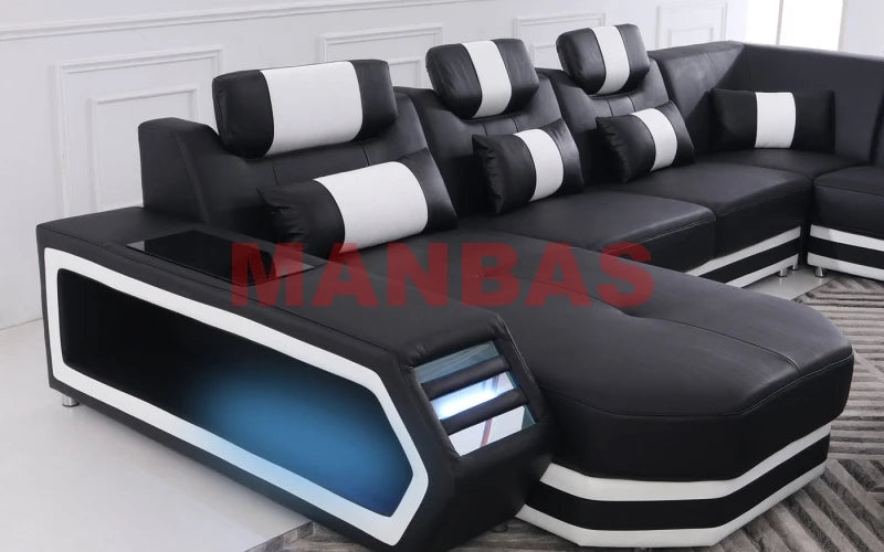 MANBAS Italian Genuine Leather Sectional Sofa with LED Lights | Futuristic Furniture U Shape Couch Living Room Big Sofas Set