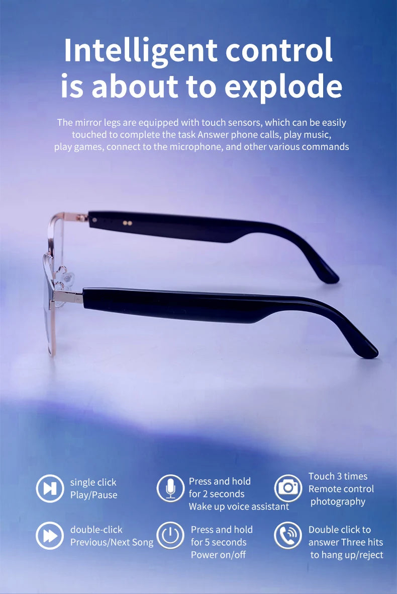 New smart glasses with auto-sensitive lenses, built-in microphone and speaker for sports, driving, fishing and everyday wear.