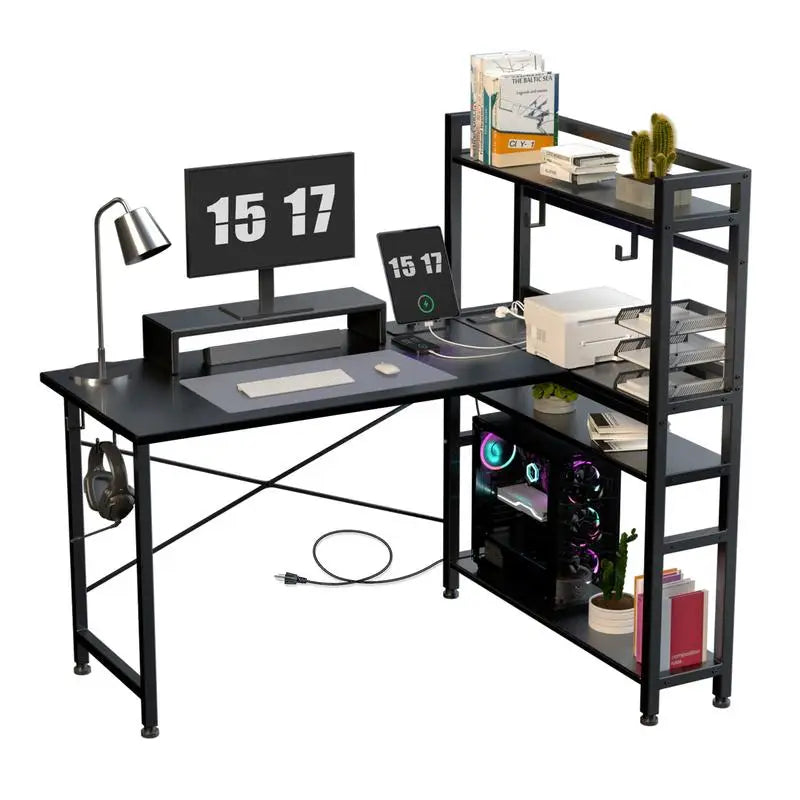Computer desk Gaming desk with shelves, L-shaped corner  55' Reversible  with charging connection,integrated socket