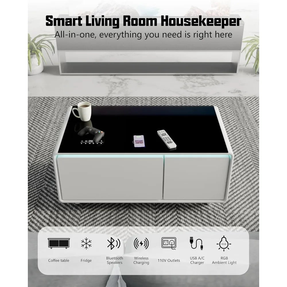 Smart Coffee Table, 23" D x 41.5" W x 18.1" H, Living Room Table with Built in Fridge and Speakers, Smart Table