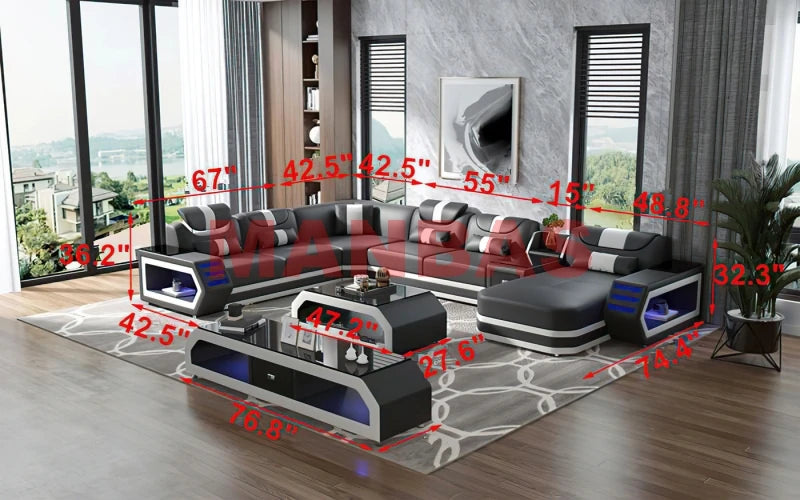MANBAS Italian Genuine Leather Sectional Sofa with LED Lights | Futuristic Furniture U Shape Couch Living Room Big Sofas Set