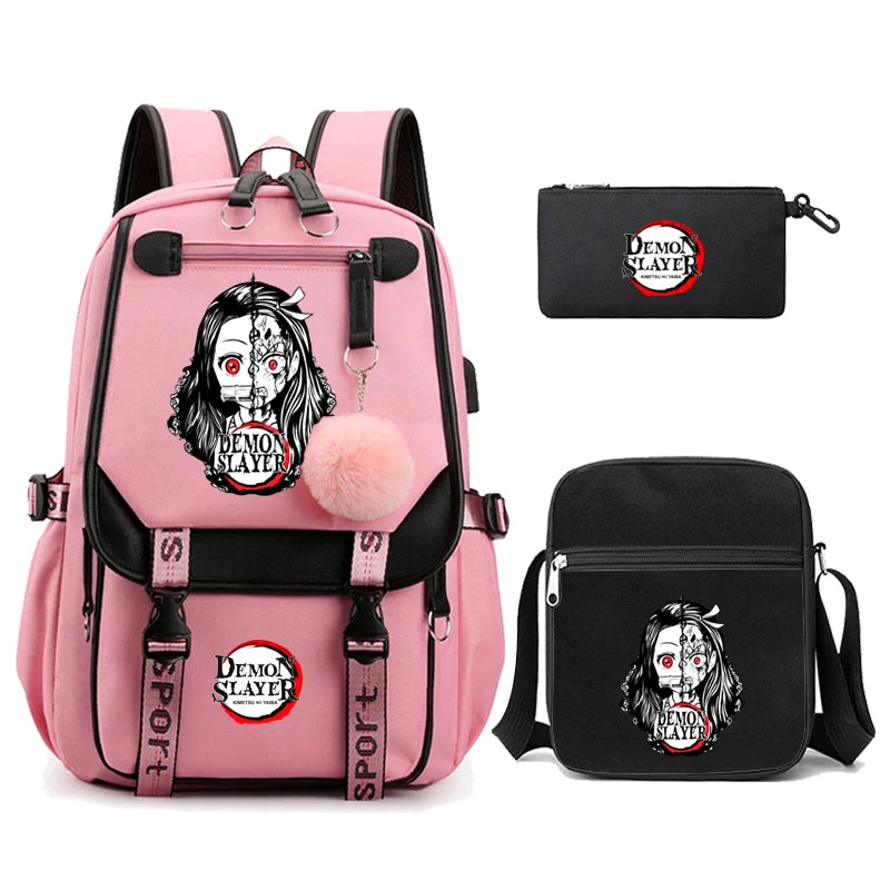 3Pcs Kamado Nezuko Demon Slayer Backpacks Set for Girls Anime School Bag Teenager Student Canvas Laptop Back Pack Women Rucksack