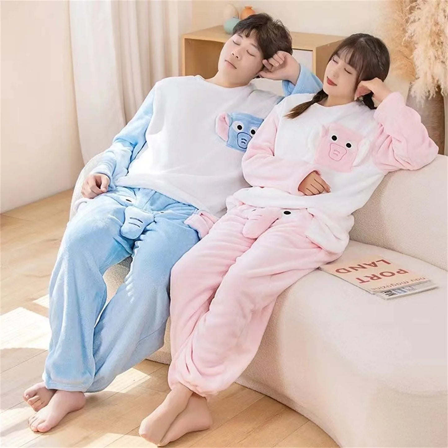 Funny Cartoon Men's Pajama Suits Couple Novelty Animal Elephant Ear Trunk Plush Long Sleeve Couple Clothes+Trousers Prank Gift