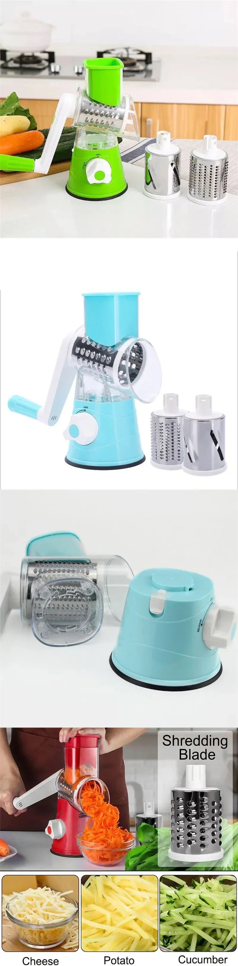 Manual Rotary Vegetable Slicer Cutter Kitchen Vegetable Cheese Grater Chopper with 3 Sharp Stainless Steel Drums