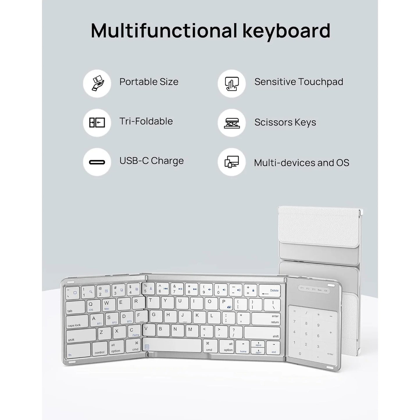 SODI Foldable Keyboard with Touchpad Portable Wireless Keyboard with Phone Holder Rechargeable for iPad iPhone Mac iOS White