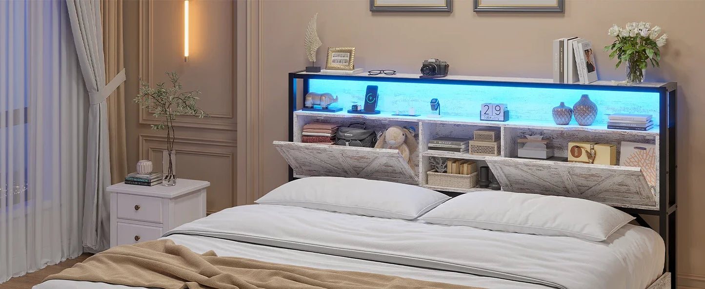 Full Bed Frame w RGB LED Lights & Hidden Storage Headboard, Full Metal Platform Bed with Type-C Charging Station and 4 Drawers