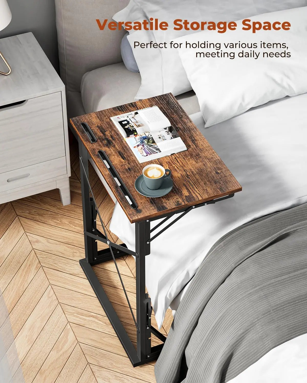 21''Wx28''H Folding TV Tray Table, Small Foldable C-Shaped End Table for Eating with Tablet and Phone Slots, Slide Under