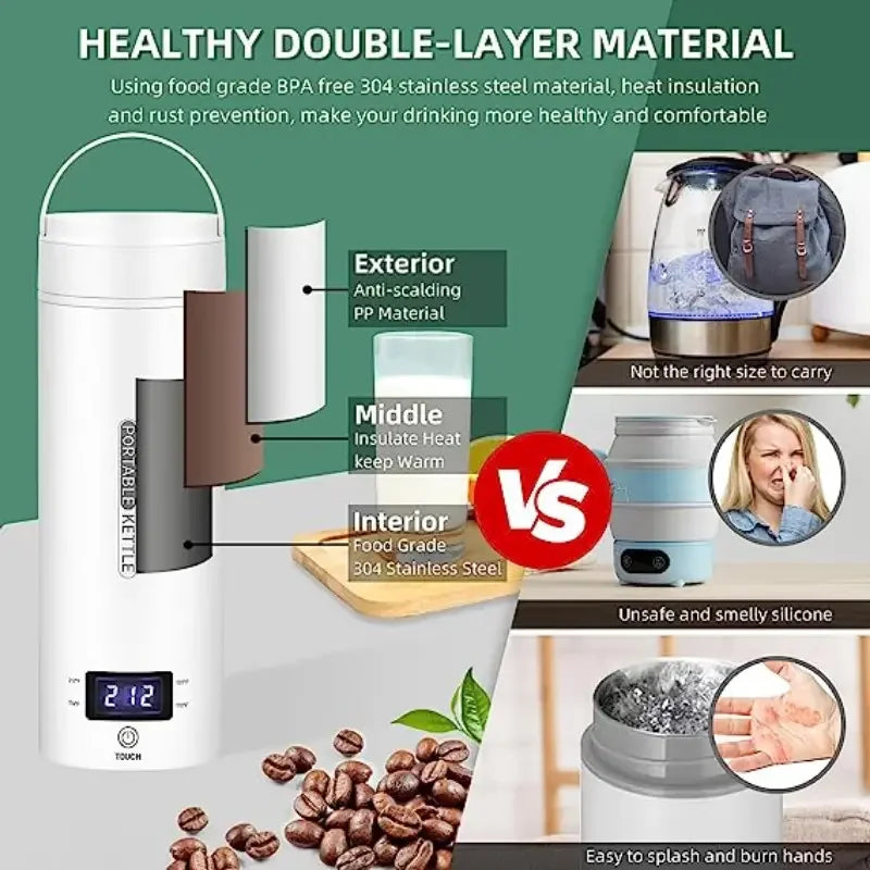 Travel Electric Kettle Water Boiler, Water Heater Steel & Auto Shut-Off & Boil Dry Protect