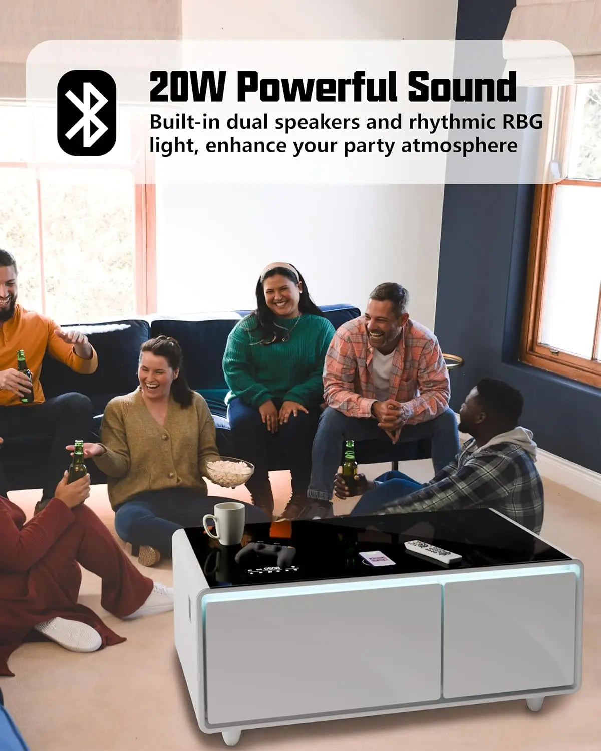 Smart Coffee Table, 23" D x 41.5" W x 18.1" H, Living Room Table with Built in Fridge and Speakers, Smart Table