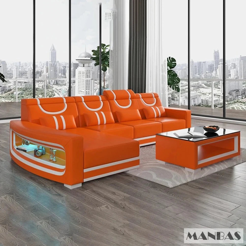 MANBAS Italian Genuine Leather Sofa - 2 Colors Combination, LED Light & Soft Cushions