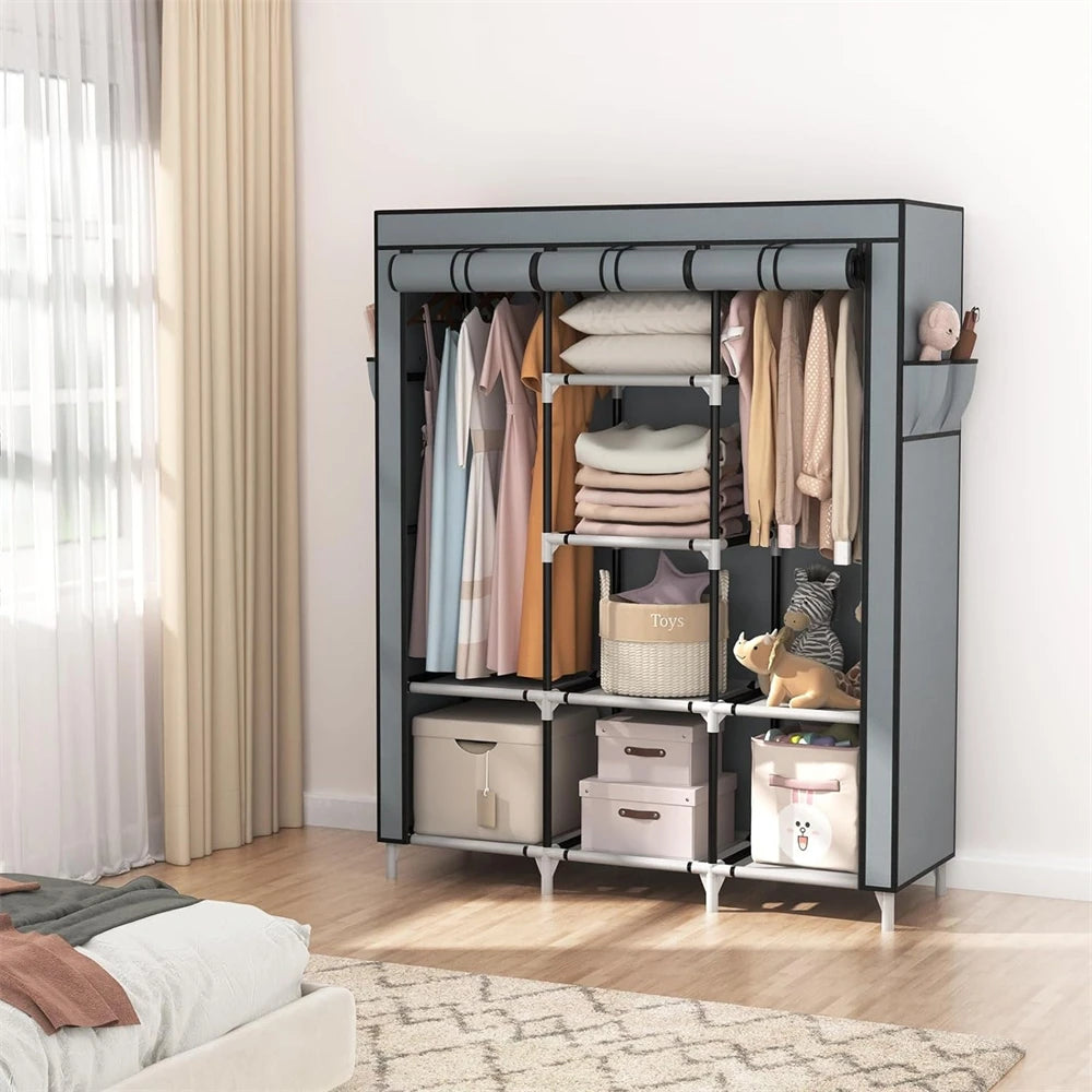 Portable Large Clothes Organizer with 6 Storage Shelves, 2 Hanging Sections 4 Side Pockets