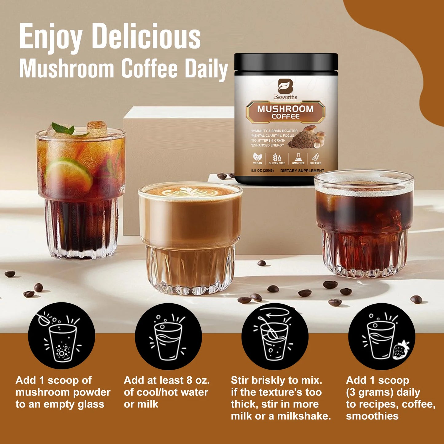 Mushroom Coffee Supplement 10 Mushroom Blend- Lion's Mane, Chaga, Cordyceps, Ashwagandha, L-Theanine for Energy, Focus, Memory