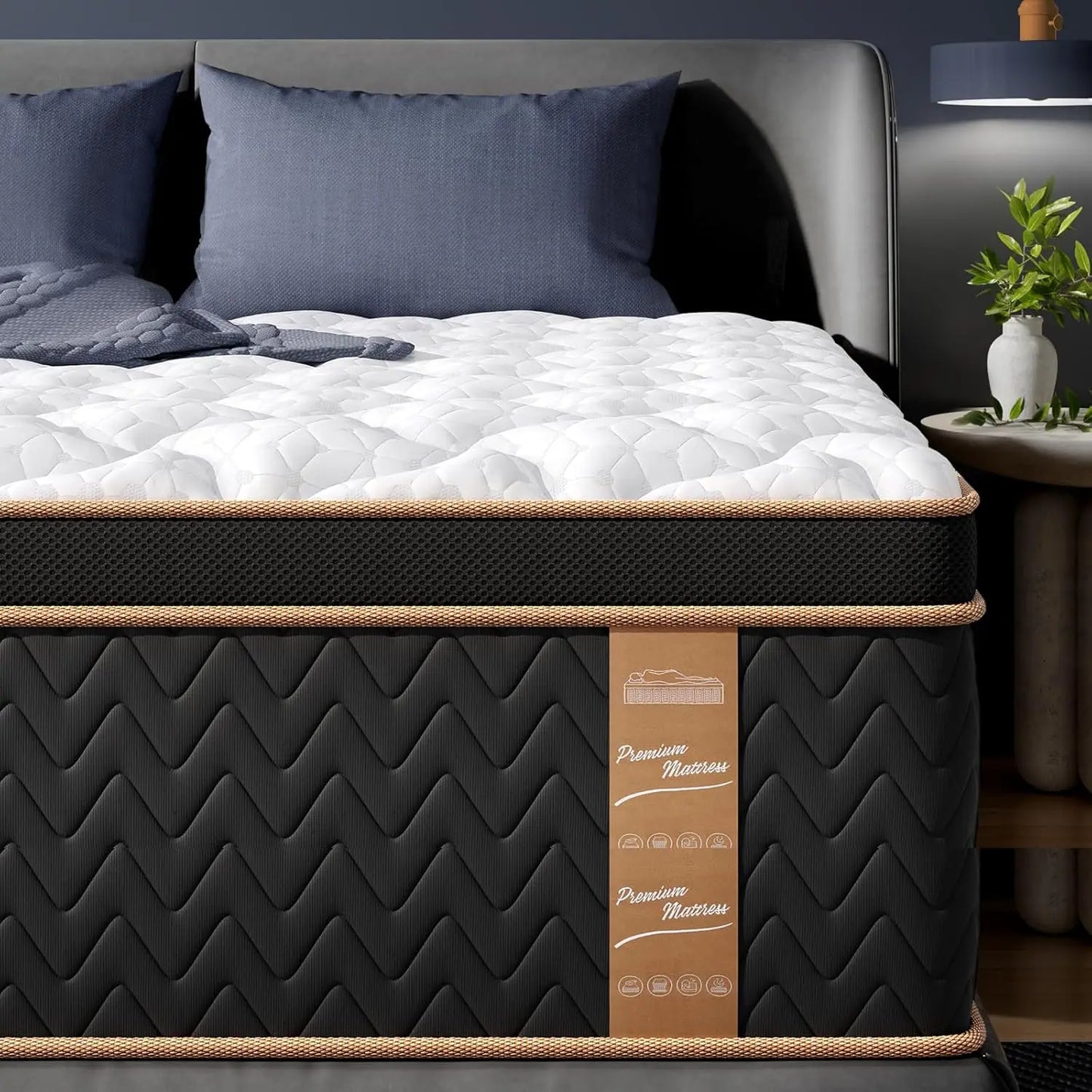 Queen Mattress, 14 Inch Hybrid Innerspring Mattress with Gel Memory Foam Individual Pocket Spring Fiberglass-Free Luxury