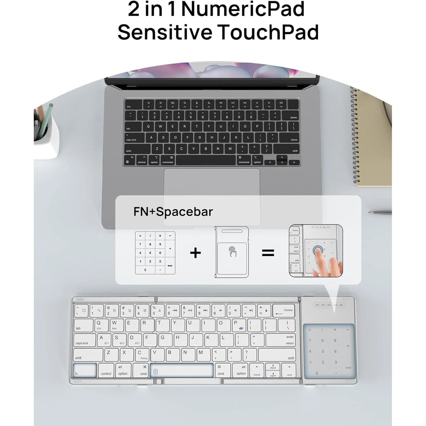 SODI Foldable Keyboard with Touchpad Portable Wireless Keyboard with Phone Holder Rechargeable for iPad iPhone Mac iOS White