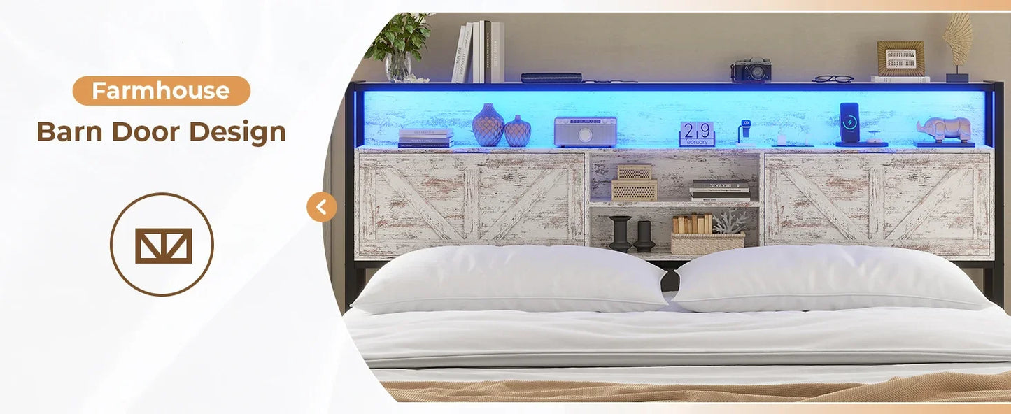 Full Bed Frame w RGB LED Lights & Hidden Storage Headboard, Full Metal Platform Bed with Type-C Charging Station and 4 Drawers