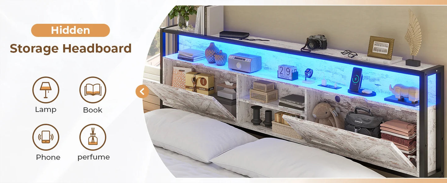 Full Bed Frame w RGB LED Lights & Hidden Storage Headboard, Full Metal Platform Bed with Type-C Charging Station and 4 Drawers