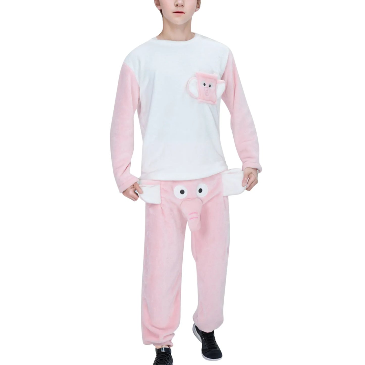 Funny Cartoon Men's Pajama Suits Couple Novelty Animal Elephant Ear Trunk Plush Long Sleeve Couple Clothes+Trousers Prank Gift