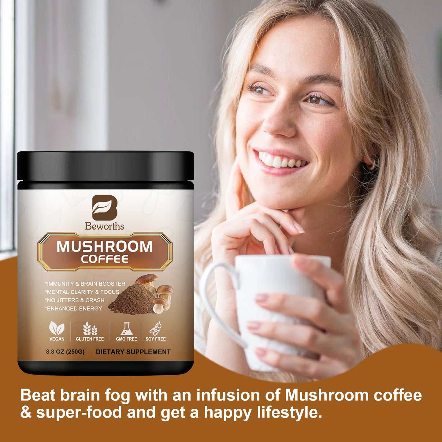 Mushroom Coffee Supplement 10 Mushroom Blend- Lion's Mane, Chaga, Cordyceps, Ashwagandha, L-Theanine for Energy, Focus, Memory