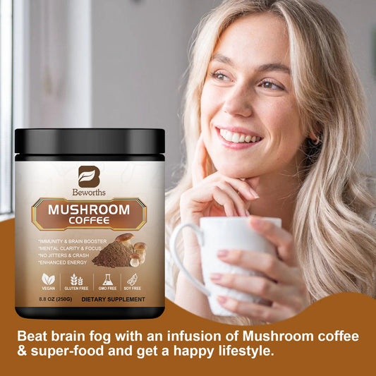 Mushroom Coffee Supplement 10 Mushroom Blend- Lion's Mane, Chaga, Cordyceps, Ashwagandha, L-Theanine for Energy, Focus, Memory