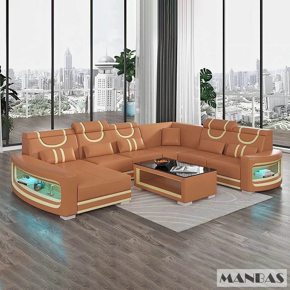 MANBAS Italian Genuine Leather Sofa - 2 Colors Combination, LED Light & Soft Cushions