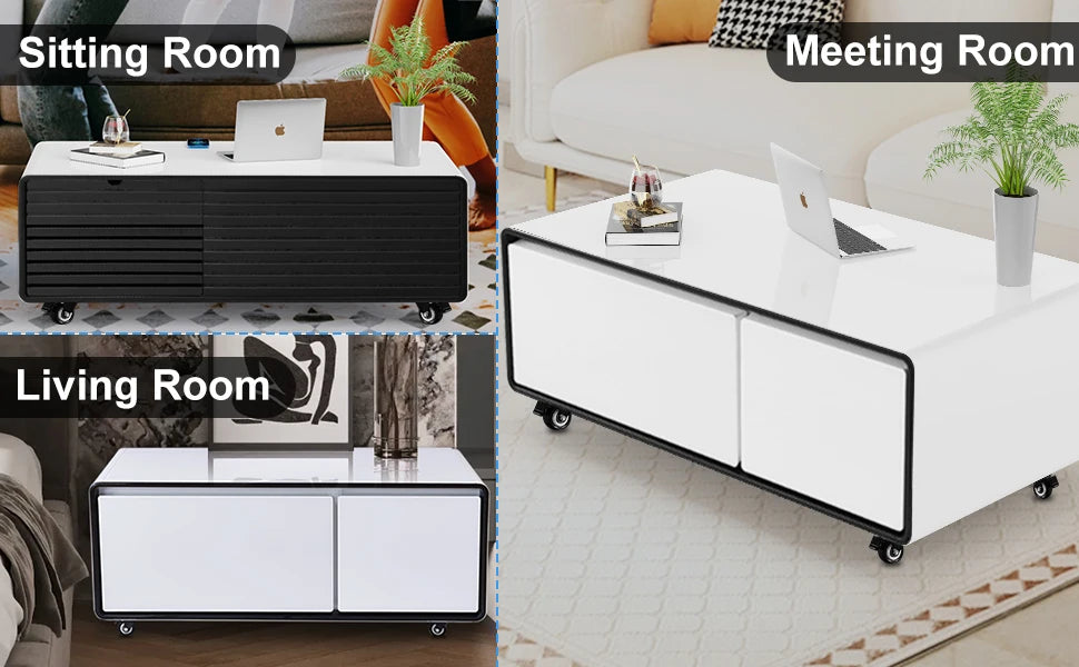 Smart Coffee Table with Fridge, 90L Smart Table with Built in Fridge, Wireless Charger, USB Port, for Living Room Reception Room