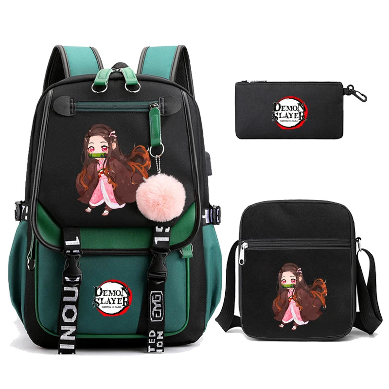 3Pcs Kamado Nezuko Demon Slayer Backpacks Set for Girls Anime School Bag Teenager Student Canvas Laptop Back Pack Women Rucksack