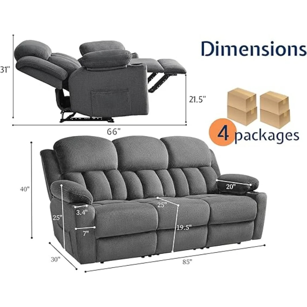 3 Seater Recliner Chair with Cup Holders Plush Fabric Reclining Couch Recliner Sofas for Living Room