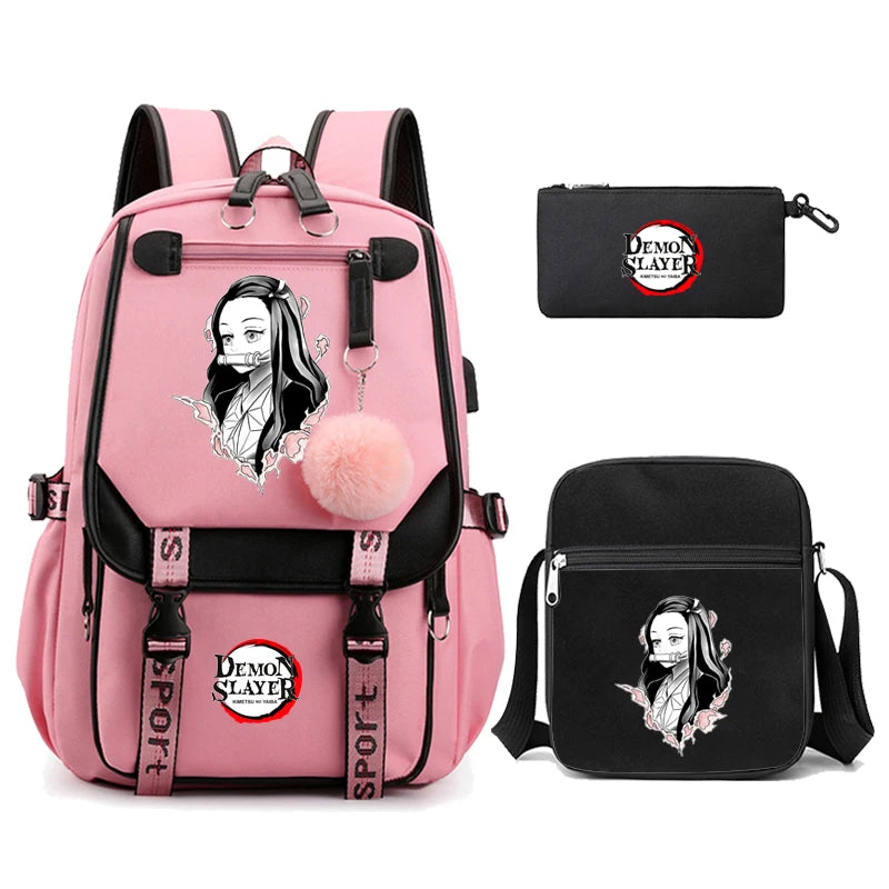 3Pcs Kamado Nezuko Demon Slayer Backpacks Set for Girls Anime School Bag Teenager Student Canvas Laptop Back Pack Women Rucksack