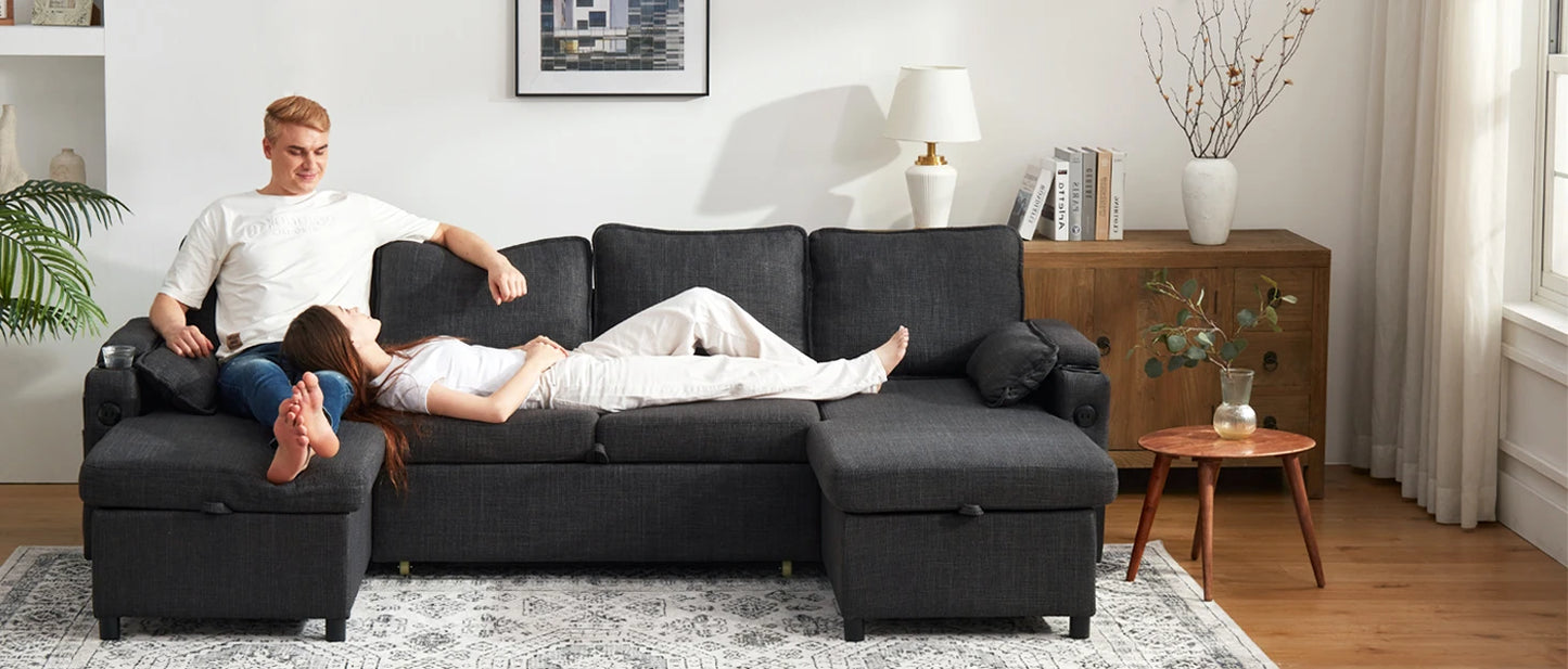 Sleeper Pull Out 2 in 1 Sectional Sleeper Sofa Couches with Storage,USB, Cup Holder,Pullout Sectional Couches
