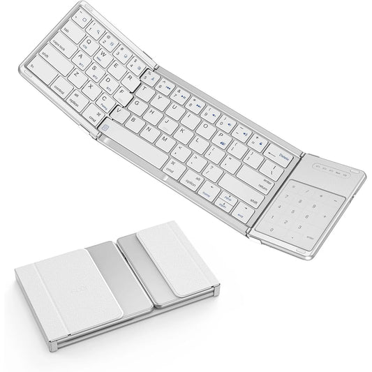 SODI Foldable Keyboard with Touchpad Portable Wireless Keyboard with Phone Holder Rechargeable for iPad iPhone Mac iOS White