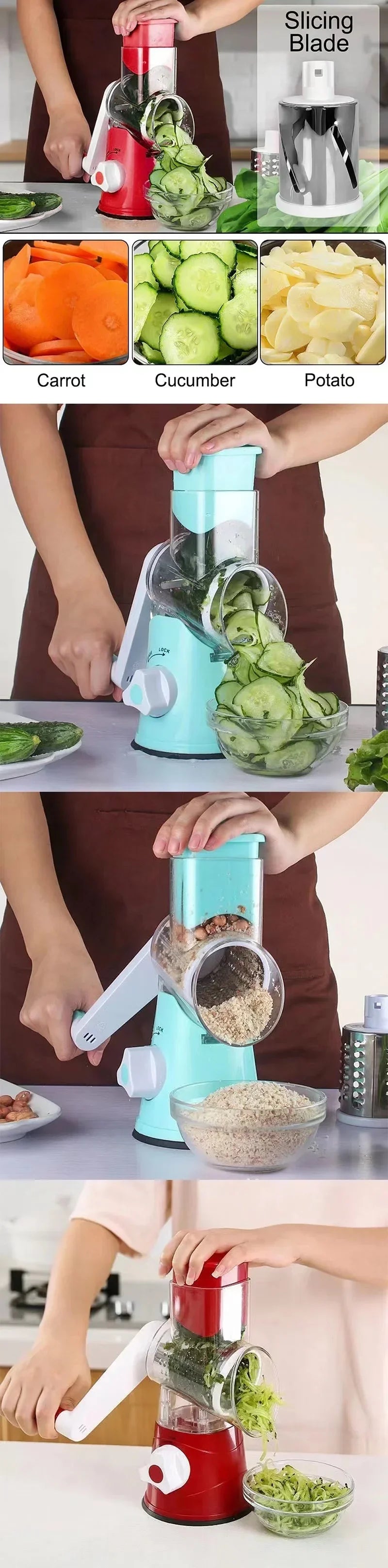 Manual Rotary Vegetable Slicer Cutter Kitchen Vegetable Cheese Grater Chopper with 3 Sharp Stainless Steel Drums