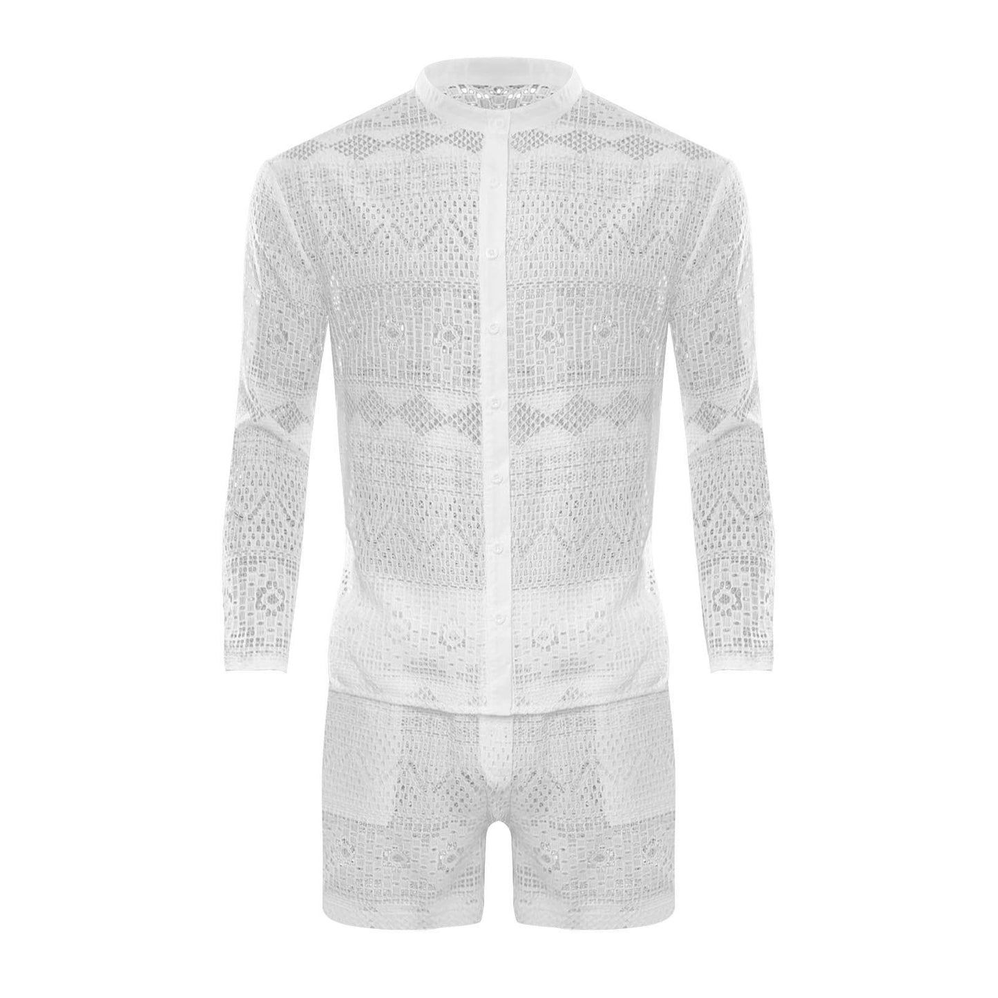 Hollow Out Sexy Lace Suit Fashion Long Sleeve Shirt Casual Shorts Men'S Clothing Suit Solid Color Matching Summer Suit For Male