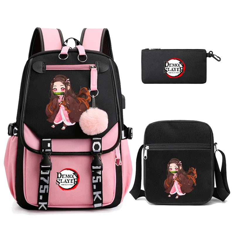 3Pcs Kamado Nezuko Demon Slayer Backpacks Set for Girls Anime School Bag Teenager Student Canvas Laptop Back Pack Women Rucksack