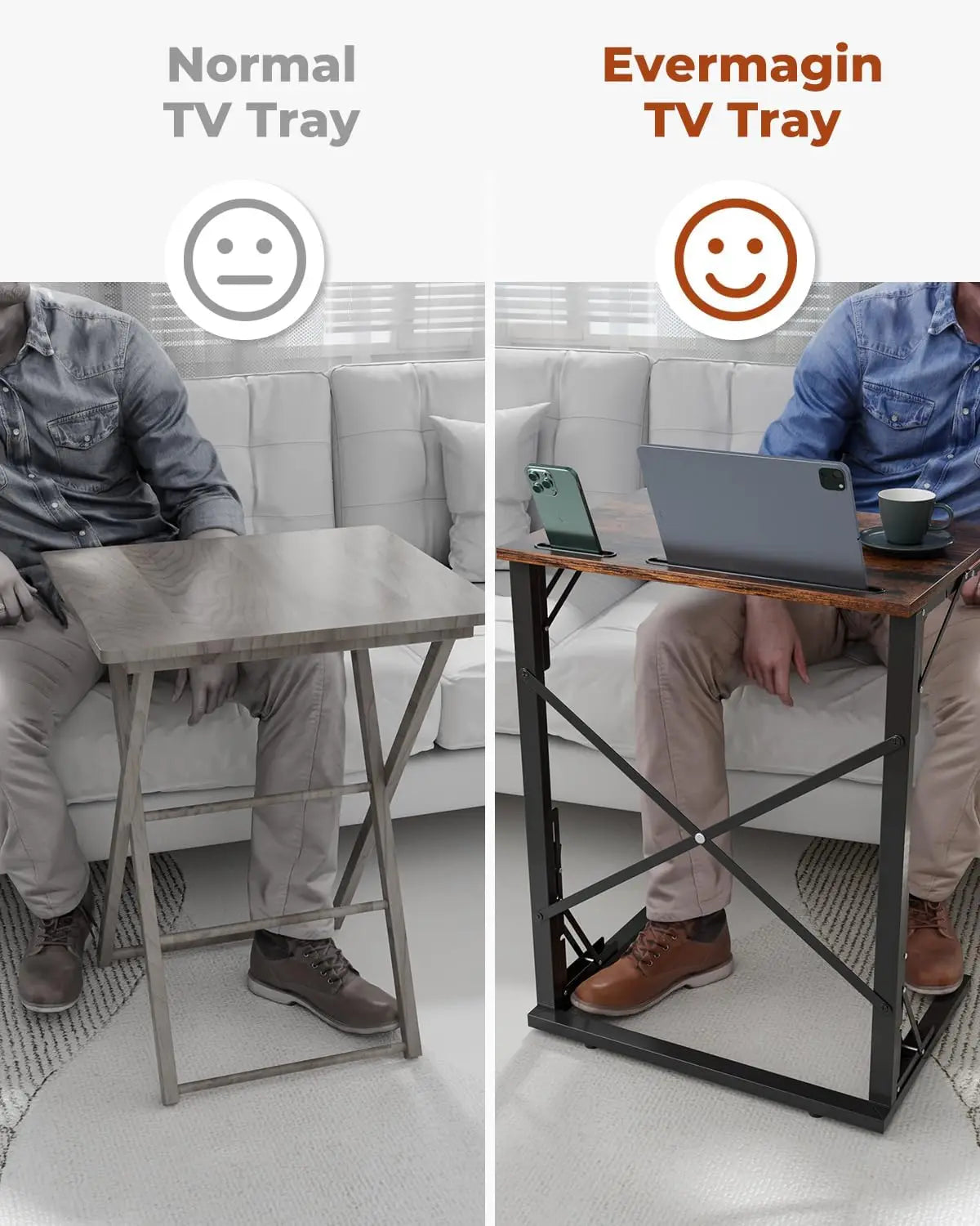 21''Wx28''H Folding TV Tray Table, Small Foldable C-Shaped End Table for Eating with Tablet and Phone Slots, Slide Under