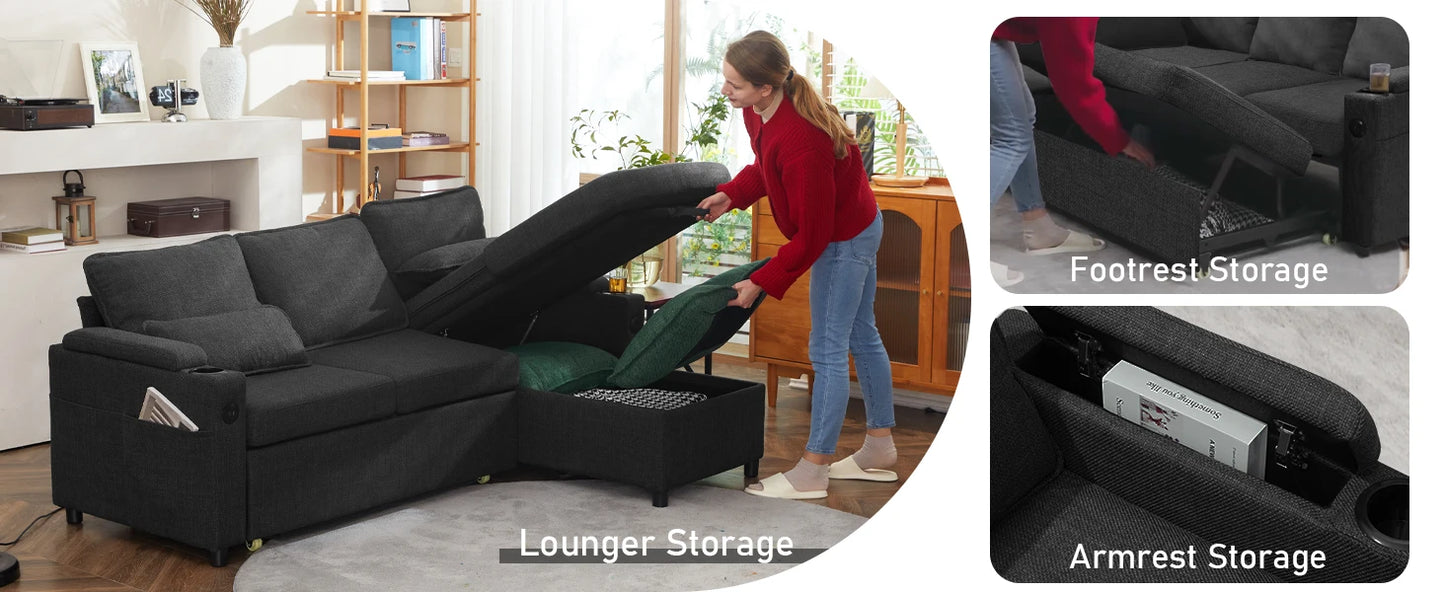 Sleeper Pull Out 2 in 1 Sectional Sleeper Sofa Couches with Storage,USB, Cup Holder,Pullout Sectional Couches