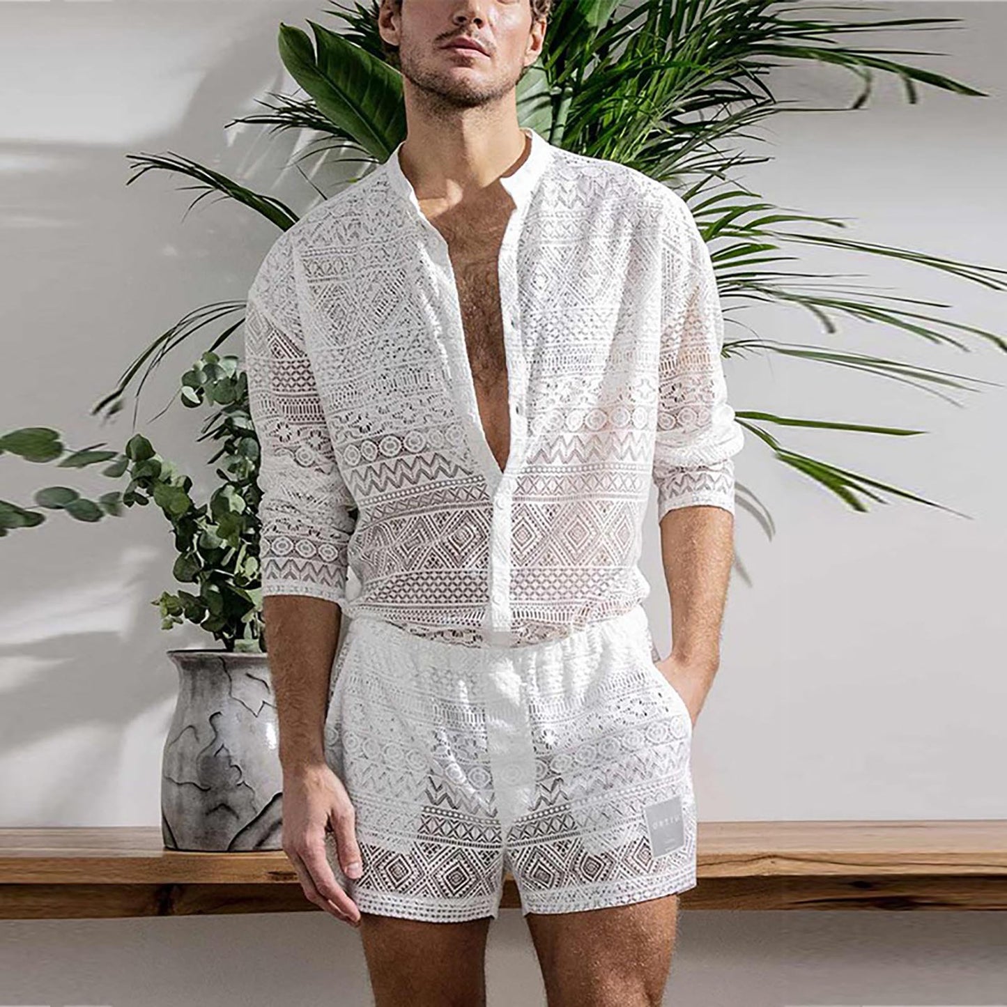 Hollow Out Sexy Lace Suit Fashion Long Sleeve Shirt Casual Shorts Men'S Clothing Suit Solid Color Matching Summer Suit For Male