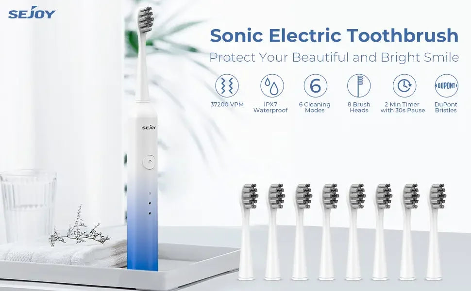 SEJOY Sonic Electric Toothbrush Rechargeable Power 8 Brush Heads 5 Modes Timer