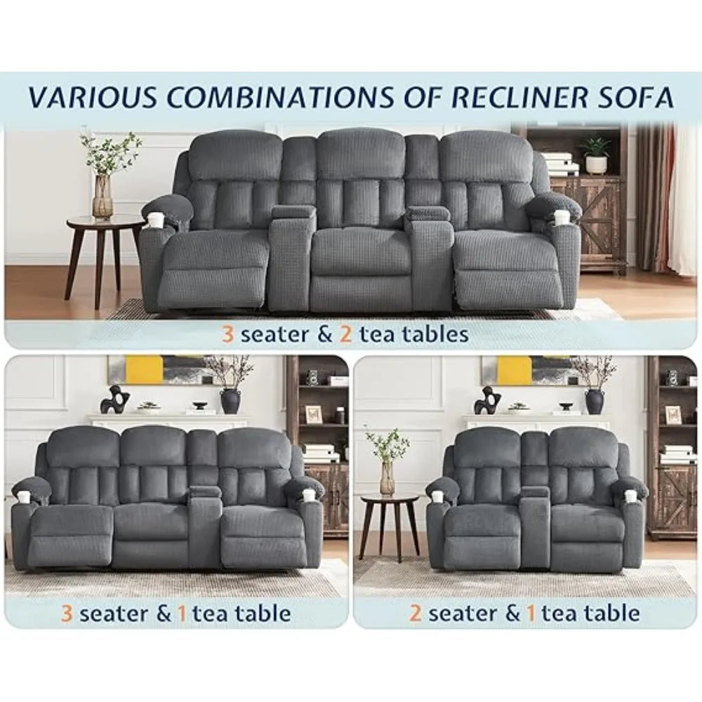 3 Seater Recliner Chair with Cup Holders Plush Fabric Reclining Couch Recliner Sofas for Living Room