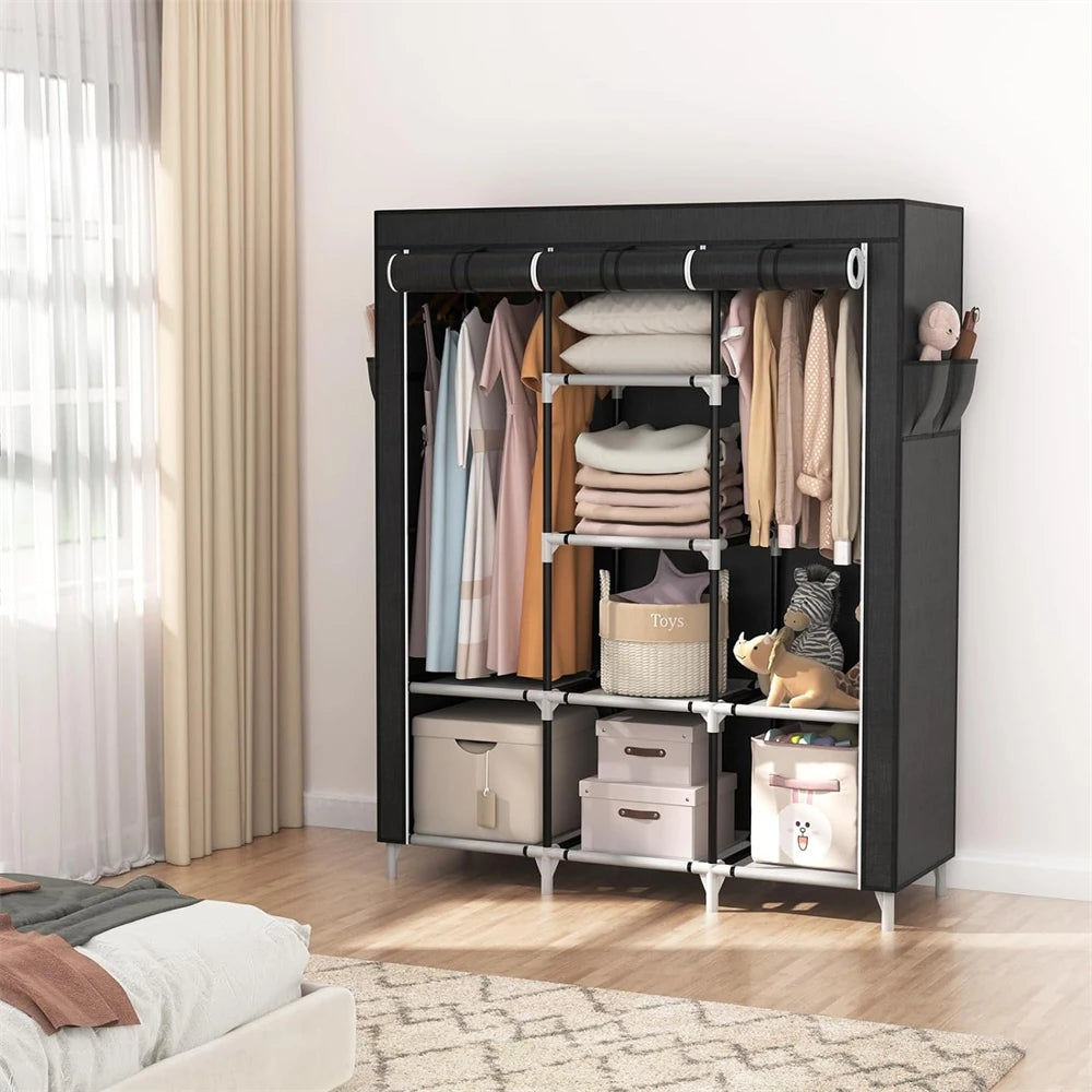 Portable Large Clothes Organizer with 6 Storage Shelves, 2 Hanging Sections 4 Side Pockets