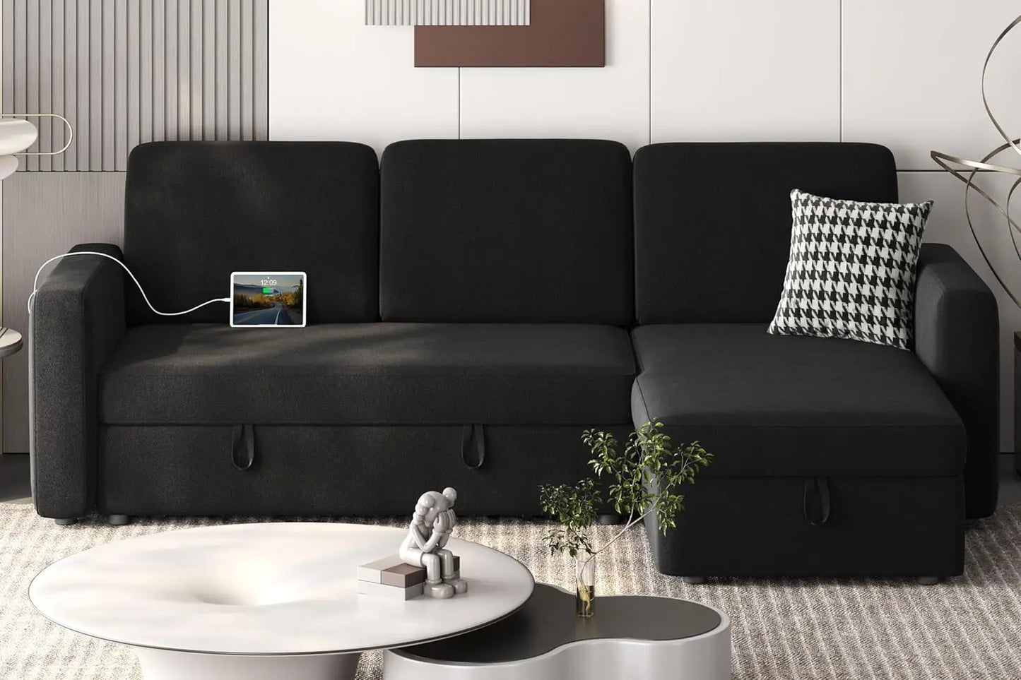 Sectional Sofa L-Shaped Sofa Couch Bed w/Chaise & USB, Reversible Couch Sleeper w/Pull Out Bed & Storage Space, 4-seat Fabric