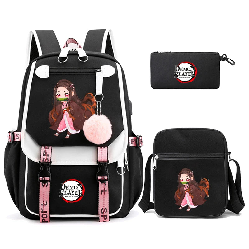 3Pcs Kamado Nezuko Demon Slayer Backpacks Set for Girls Anime School Bag Teenager Student Canvas Laptop Back Pack Women Rucksack