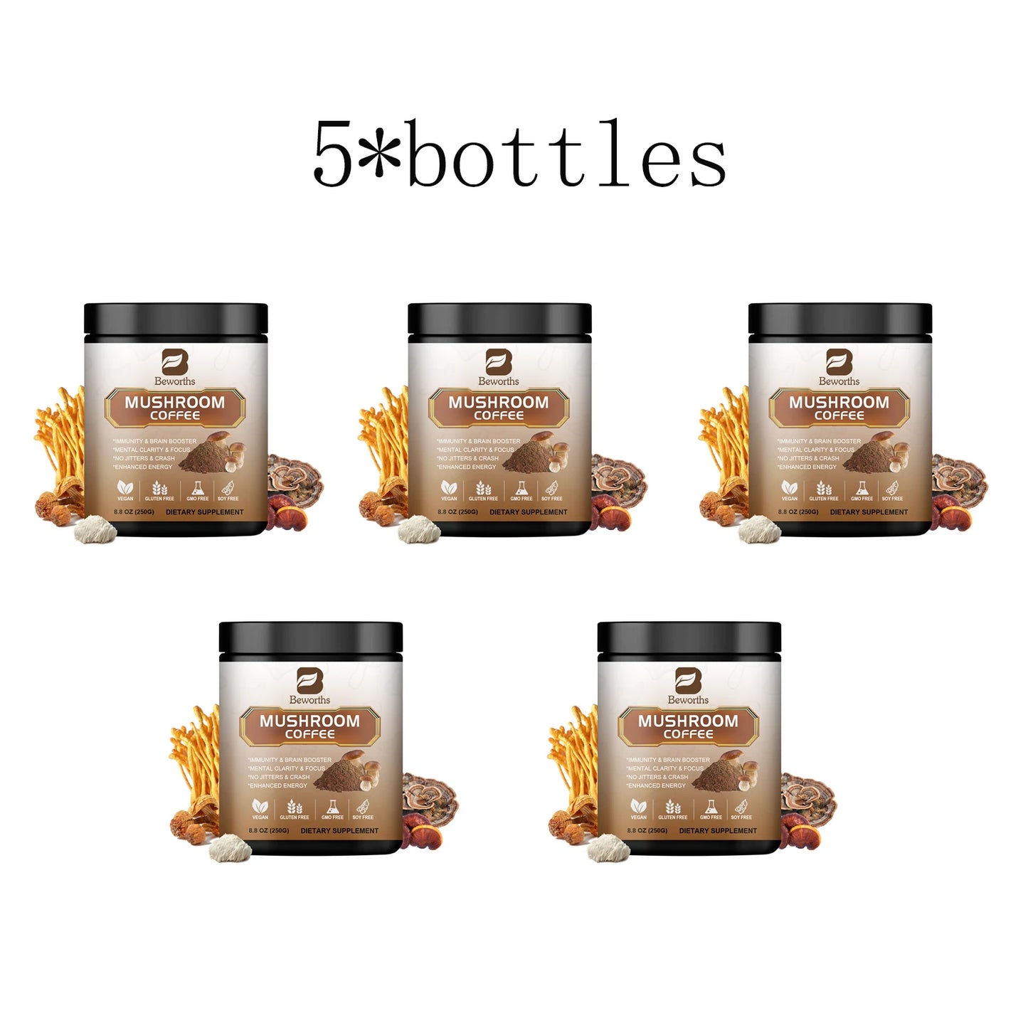 Mushroom Coffee Supplement 10 Mushroom Blend- Lion's Mane, Chaga, Cordyceps, Ashwagandha, L-Theanine for Energy, Focus, Memory