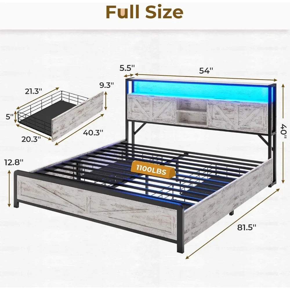 Full Bed Frame w RGB LED Lights & Hidden Storage Headboard, Full Metal Platform Bed with Type-C Charging Station and 4 Drawers