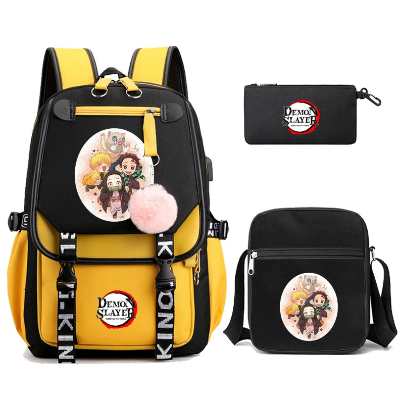 3Pcs Kamado Nezuko Demon Slayer Backpacks Set for Girls Anime School Bag Teenager Student Canvas Laptop Back Pack Women Rucksack